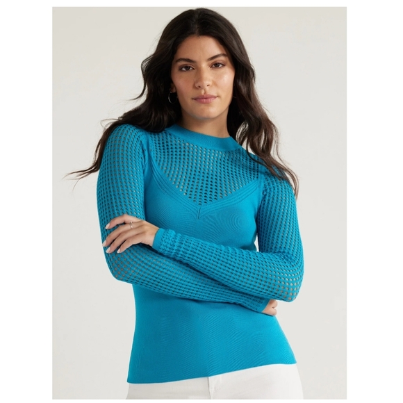 EUC Sofia Jeans V-Neck Mesh Pullover Sweater in Mykonos Blue - Picture 2 of 6